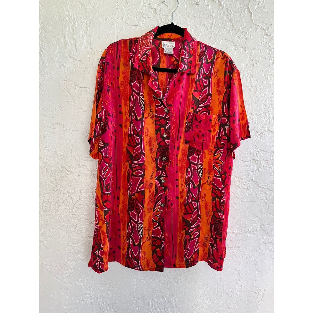 Vintage Casual Corner 100% Silk Blouse L Tropical Pink Orange Abstract Print Top